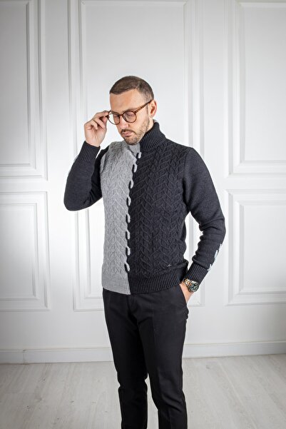 Sarar Interview Tam Balıkçı Yaka Siyah Gri Triko Kazak