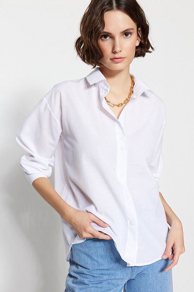 Trendyol Collection Cămașă țesută oversize/Wide Fit, ecru, cu nasturi la spate TWOSS23GO00114