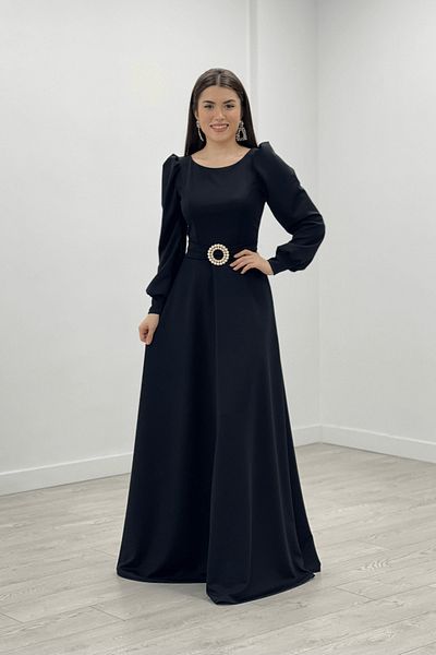 giyimmasalı Crepe Fabric Belt Detailed Evening Dress - Black