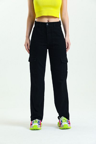 SHEVEGA Black Cargo Pocket High Waist Loose Pocket Detailed Wide Leg Jeans Wide Leg Jeans