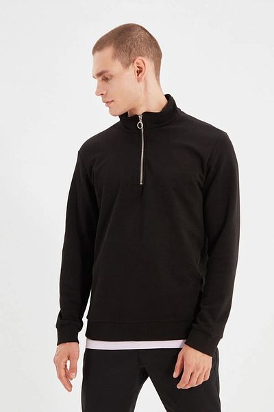 Trendyol Collection Μαύρο κανονικό/κανονικό κομμένο φερμουάρ γιακά με λεπτομέρεια Basic βαμβακερό φούτερ χωρίς ανάγλυφο TMNAW22SW0188