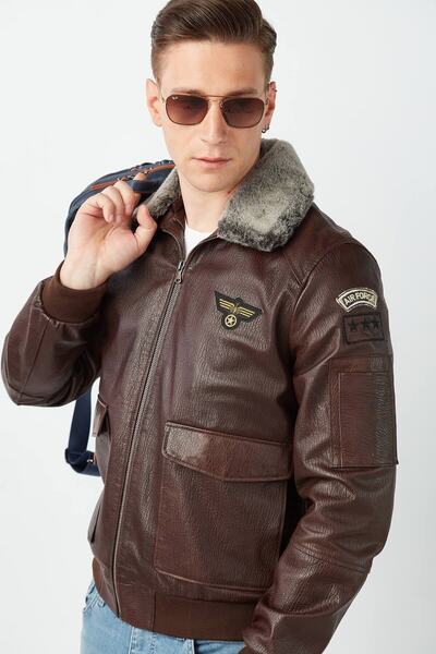 Deriza Embroidered Genuine Leather Men's Brown Pilot Style Coat