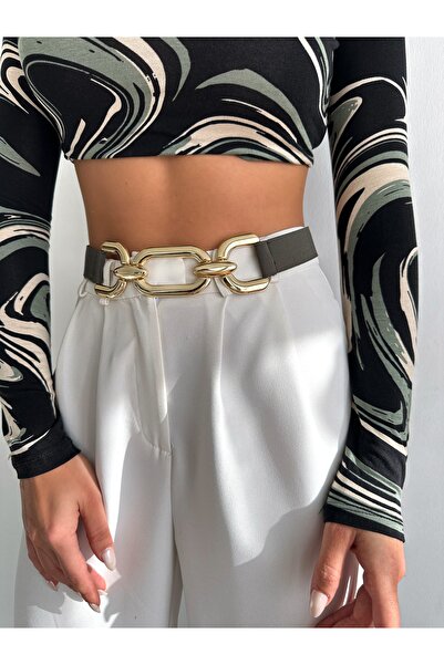 coaksco Curea subțire elastică cu cataramă aurie kaki