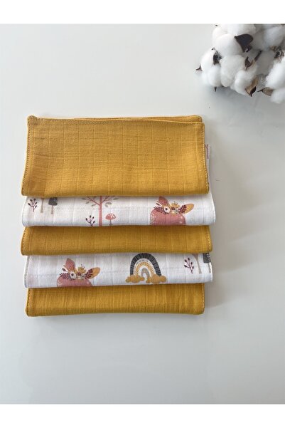 Jaju Baby Desenli 5 Adet Çift Katlı Müslin Kumaş Omuz Örtüsü Ağız Mendili Sırt Mendili