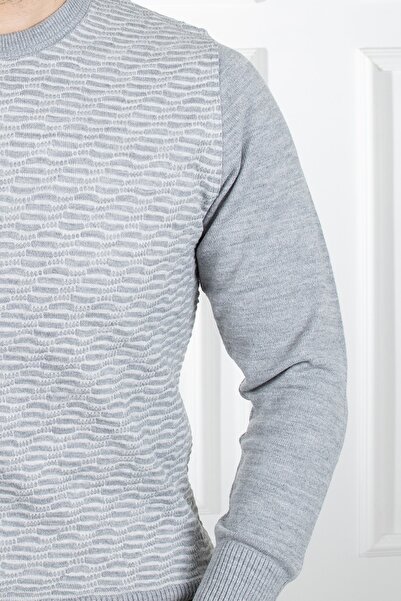 Sarar Interview O Neck Patterned Gray Knitwear Sweater