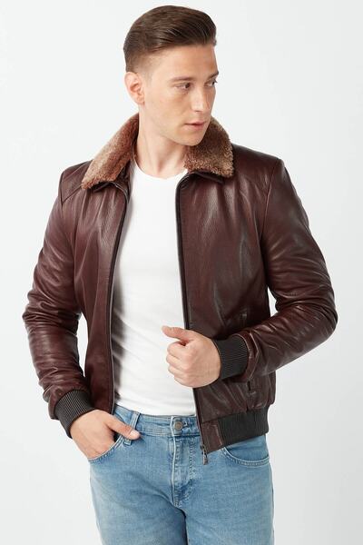 Deriza Genuine Leather Brown Jumbo Coat with Fur Collar