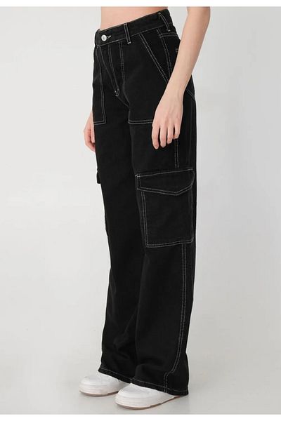 LAMİRA Women's Wide Leg Black Cargo Pocket Denim Pants Jean Black