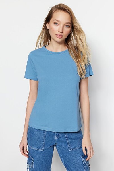 Trendyol Collection Fehér-kék-kék csíkos 3 csomagos Basic Crew nyakú kötött póló TWOSS21TS0997