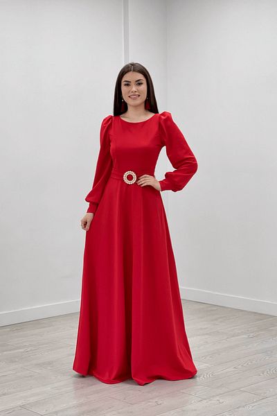 giyimmasalı Crepe Fabric Belt Detailed Evening Dress - Red