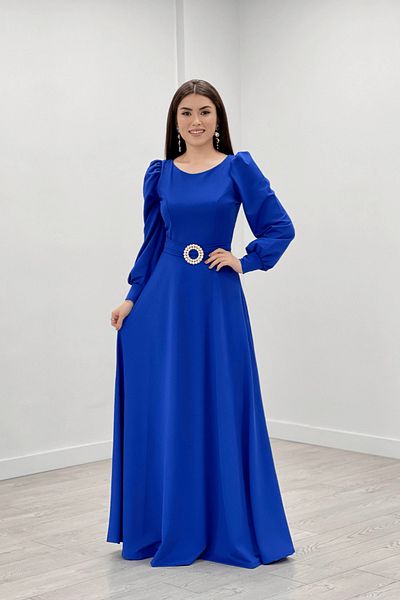 giyimmasalı Crepe Fabric Belt Detailed Evening Dress - Saks Blue