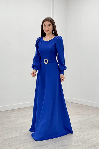 giyimmasalı Crepe Fabric Belt Detailed Evening Dress - Saks Blue