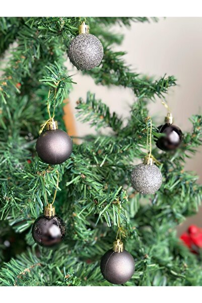 QUEEN AKSESUAR Πρωτοχρονιάτικο Χριστουγεννιάτικο Σκούρο Καπνιστό Γκρι Μαύρο Σετ 6 Στολίδια Πεύκου Διακοσμητικά Μπάλες με Ασημί Καθρέφτη