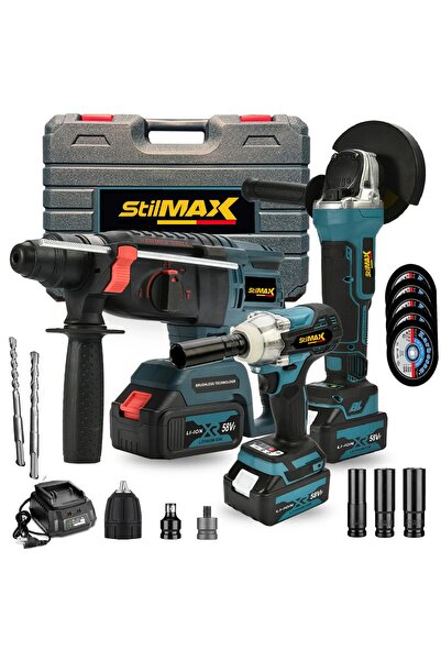 stilmax Alman 3'lü Set Kırıcı Delici Somun Sıkma Taşlama Çantalı 2 Bataryalı Kömürsüz Motor Metal Şanzıman
