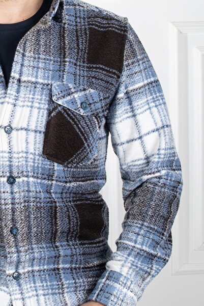 Sarar Cămașă albastră de lumberjack în carouri cu buzunar dublu