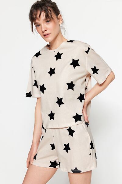 Trendyol Collection Σετ πιτζάμες με ανοιχτό ροζ βαμβακερό σχέδιο με αστέρια - THMSS22PT0501