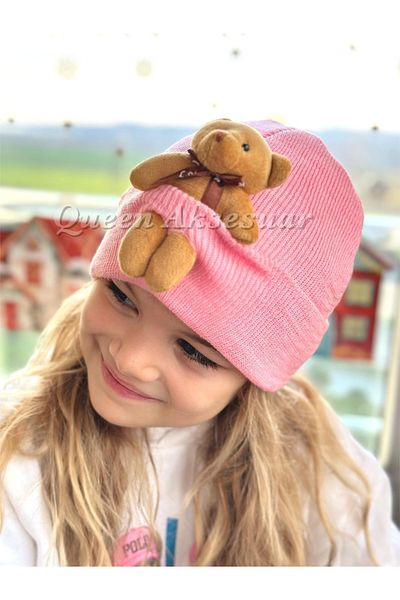 QUEEN AKSESUAR Trend Fashion Special Design Cute Big Plush Teddy Bear Boy Girl Unisex Children's Hat Pink Hat