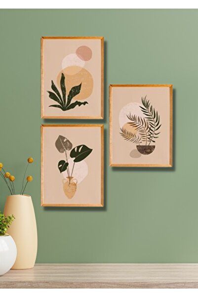 NT Handmade 3 Parça Ahşap Çerçeve Görünümlü Vintage Soyut Dekor - Salon Yatak...