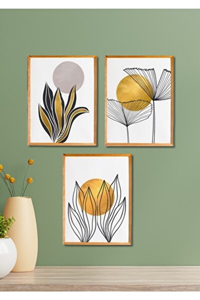 NT Handmade 3 Parça Ahşap Çerçeve Görünümlü Gold-line - Salon Yatak Odası Mut...