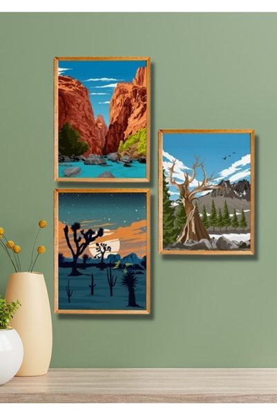 NT Handmade 3 Parça Ahşap Çerçeve Görünümlü National Parks Canyon - Salon Yat...