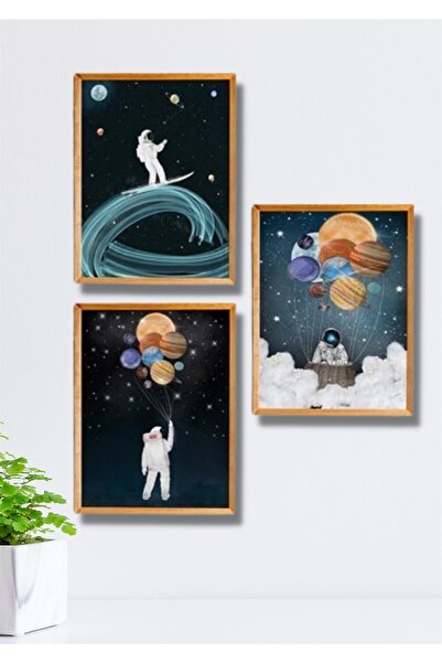 NT Handmade 3 Parça Ahşap Çerçeve Görünümlü Astronot Ve Gezegenler - Salon Ya...