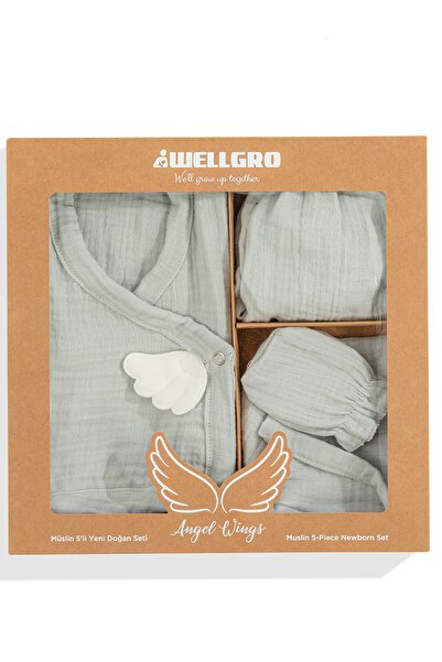 Wellgro Angel Wings Muslin 5-Piece Newborn Hospital Release Set Gray