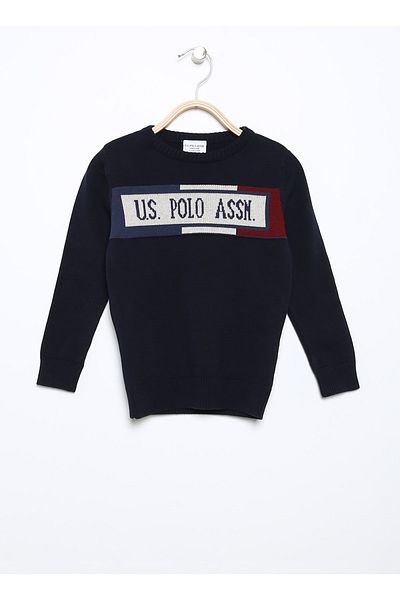 U.S. Polo Assn. Обикновен тъмносин момчешки пуловер Parskids с кръгло деколте