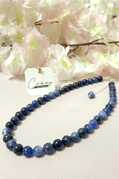 CRAZY TAKI TASARIM 8 Mm Hakiki Sodalit Doğaltaş 925 Ayar Gümüşlü Kolye