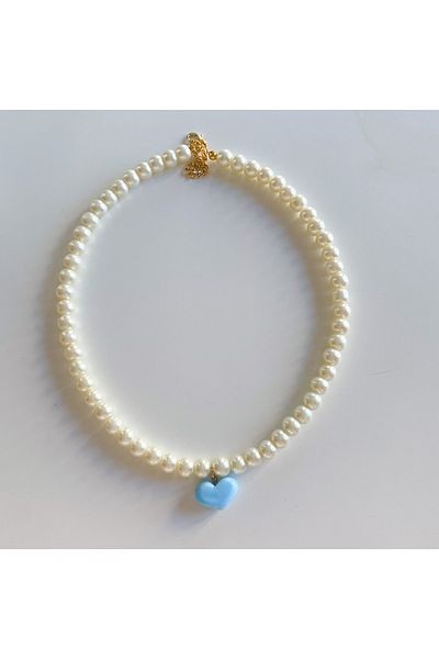 CHARMLUCKY Murano Blue Heart Pearl Necklace
