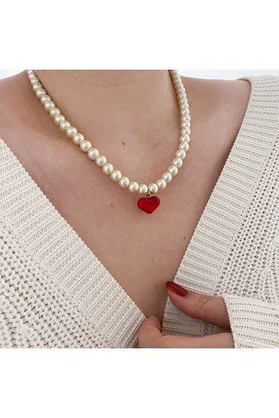 CHARMLUCKY Murano Red Heart Pearl Necklace
