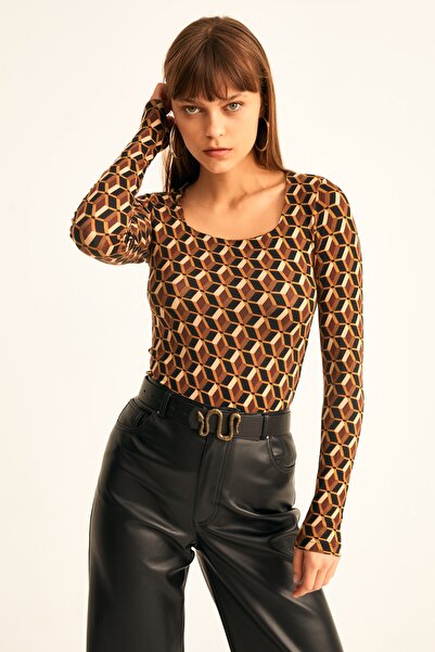 LACHT Bluză din viscoză cu mânecă lungă, cu model retro maro, cu gât pătrat