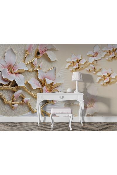 LOTUS AURA 3d Görünümlü Lilyum Çiçeği Duvar Kağıdı, Pembe Kabartma Çiçekli Du...