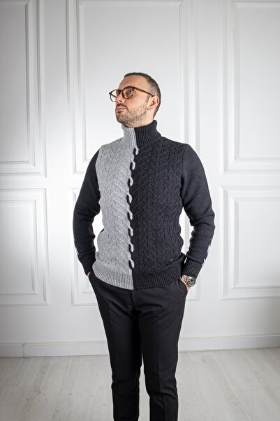 Sarar Interview Tam Balıkçı Yaka Siyah Gri Triko Kazak