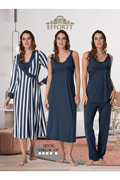 Effortt Askılı Çizgi Detaylı Sabahlıklı Gecelikli Pijama Takımı