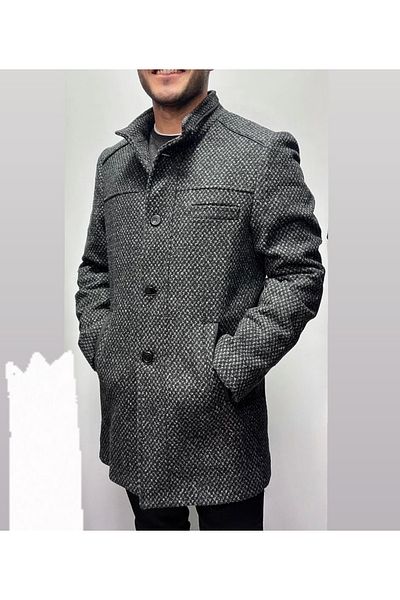DYNAMO Men's Black Color Woolen Judge Collar Cashmere Coat 9005