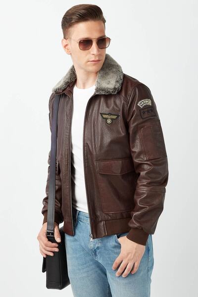 Deriza Embroidered Genuine Leather Men's Brown Pilot Style Coat
