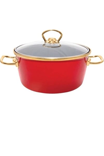 GİZEM Enamel Deep Pot 18 Cm 2 Liters V Model Red Gold