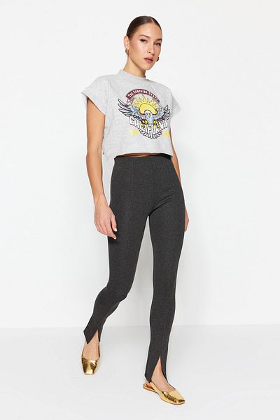 Trendyol Collection Antracitové rozparkované pletené kalhoty