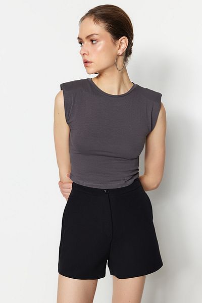 Trendyol Collection Πλεκτή πλεκτή μπλούζα με ανθρακί με επένδυση Crew Neck Crop TWOSS23BZ00251