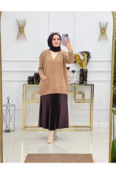 MODAMÜNASİP Πλεκτή ζακέτα μπροστινή τσέπη με κουμπιά