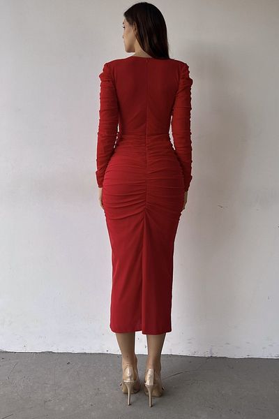 lovebox Women's Red Crepe Fabric Slit and Drape Detailed V-Neck Long Sleeve Midi Evening Dress 150