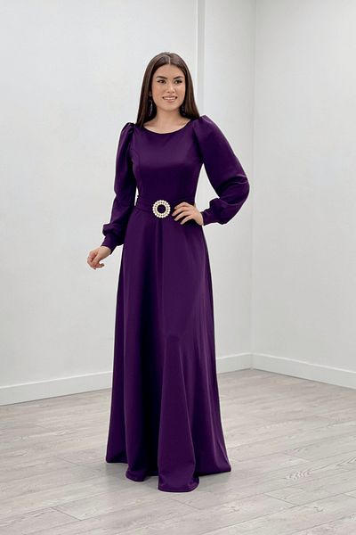 giyimmasalı Crepe Fabric Belt Detailed Evening Dress - Eggplant Purple