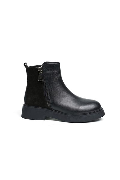 STEP MORE Leather Front and Suede Back Double Zipper Short Boots