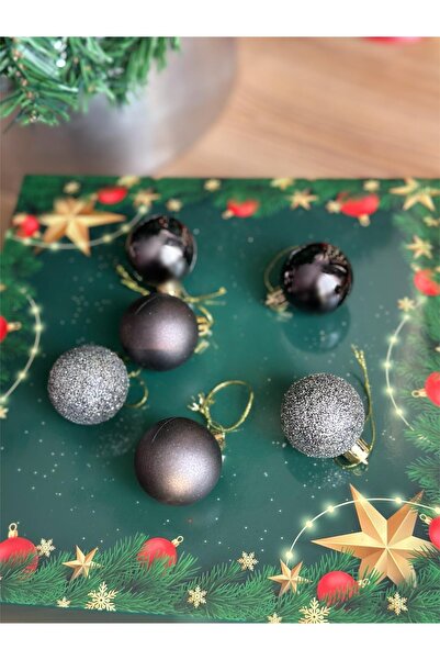 QUEEN AKSESUAR Πρωτοχρονιάτικο Χριστουγεννιάτικο Σκούρο Καπνιστό Γκρι Μαύρο Σετ 6 Στολίδια Πεύκου Διακοσμητικά Μπάλες με Ασημί Καθρέφτη