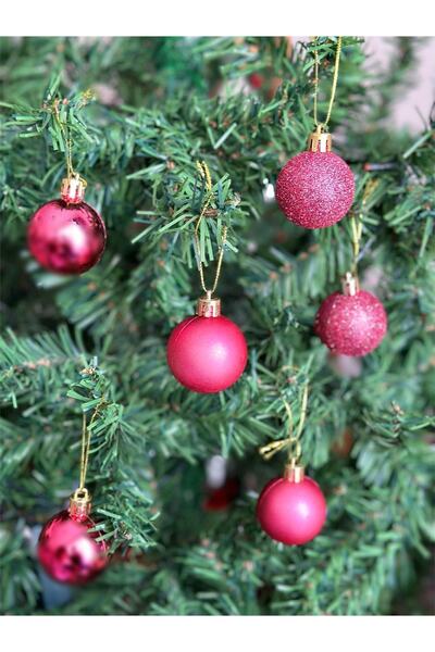 QUEEN AKSESUAR Πρωτοχρονιάτικο Φωτεινό Φούξια Ροζ Σετ 6 Στολισμάτων Πεύκου Δέντρου με Ασημί Καθρέφτη
