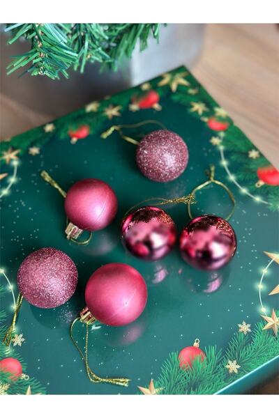 QUEEN AKSESUAR Πρωτοχρονιάτικο Φωτεινό Φούξια Ροζ Σετ 6 Στολισμάτων Πεύκου Δέντρου με Ασημί Καθρέφτη