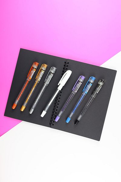 shopifav Caiet cu spirală cu frunze negre 40 coli 80 pagini - 1 pix alb cu gel - 6 pixuri cu sclipici