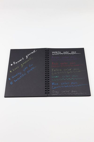 shopifav Caiet cu spirală cu frunze negre 40 coli 80 pagini - 1 pix alb cu gel - 6 pixuri cu sclipici
