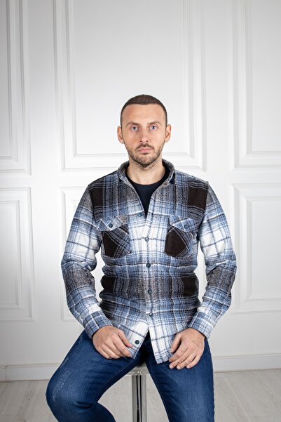 Sarar Cămașă albastră de lumberjack în carouri cu buzunar dublu