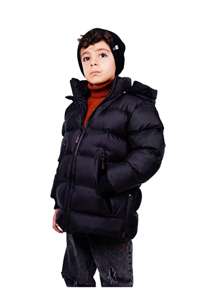 FREE ARSLAN COLLECTİON Erkek Çocuk Mont Kürklü Peluş Astarlı Sabit Kapüşonlu Siyah Mont