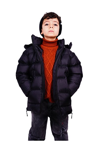 FREE ARSLAN COLLECTİON Erkek Çocuk Mont Kürklü Peluş Astarlı Sabit Kapüşonlu Siyah Mont